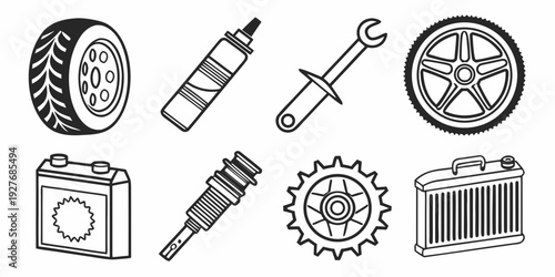 A collection of various mechanical and automotive components and tools Vector