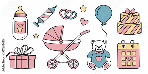 A delightful illustration showcasing a baby surrounded by various toys and gifts Vector