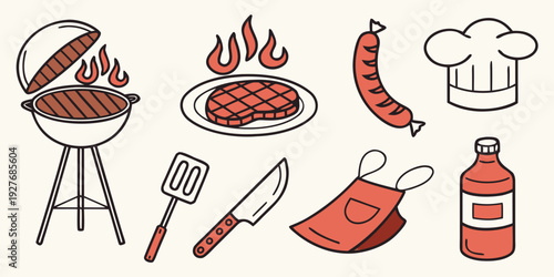 A variety of grilled meats and vegetables on a barbecue grill with cooking utensils Vector