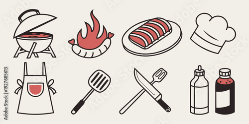 A variety of cooking tools and ingredients arranged neatly on a white background Vector