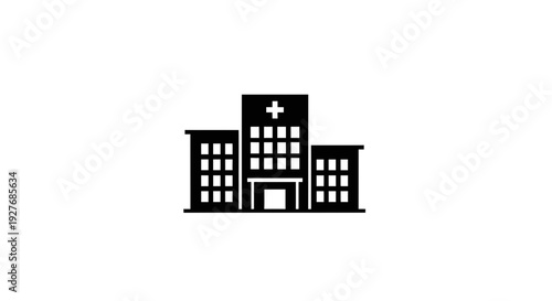 Hospital Building Icon with Cross Symbol.