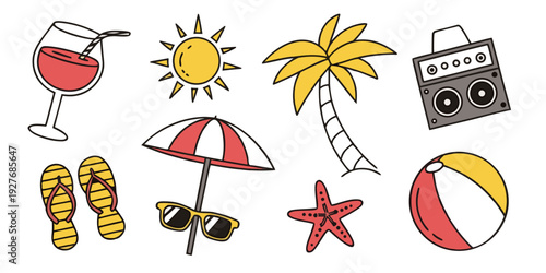 Assorted beach items and symbols scattered on a white background Vector