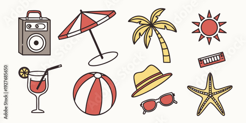 Vibrant summer icons featuring beach essentials and activities Vector