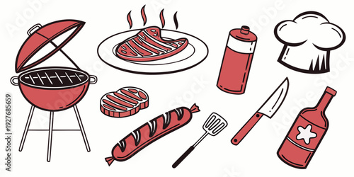 Outdoor cooking setup with grill, tools, and ingredients on a sunny day Vector
