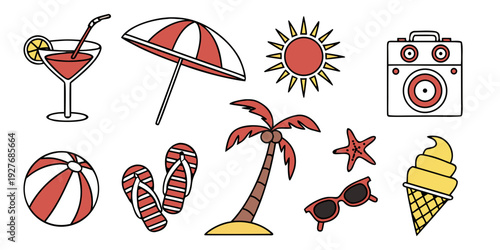 Assorted summer icons including drinks, beach items, and holiday symbols Vector