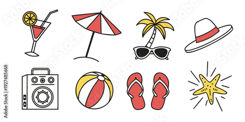 Assorted summer icons including drinks, footwear, and beach items Vector
