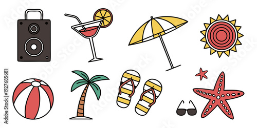 Vibrant summer icons featuring tropical elements and beach activities Vector