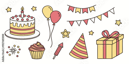 Colorful celebration with cakes, balloons, and festive decorations Vector