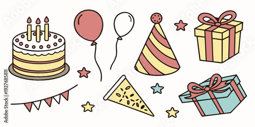 A delightful assortment of birthday party decorations and treats Vector