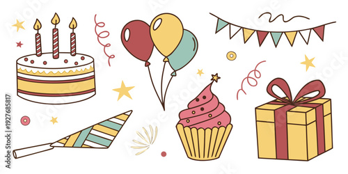 A delightful assortment of birthday celebration elements including cakes, balloons, and gifts Vector