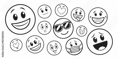 A diverse collection of expressive and symbolic emoticons in black and white Vector
