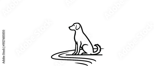 Minimalist outline of a seated dog with a stylized water ripple base