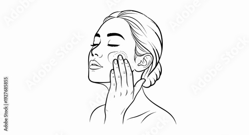 Minimalist line drawing of a woman applying facial serum or cream