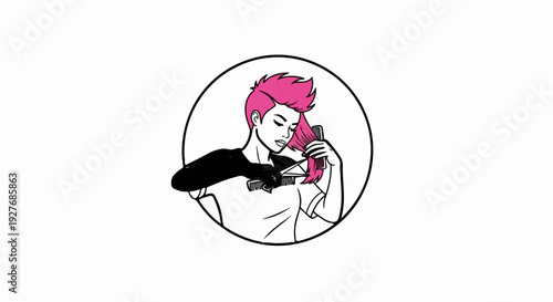 Person with pink hair styling their hair with scissors and comb