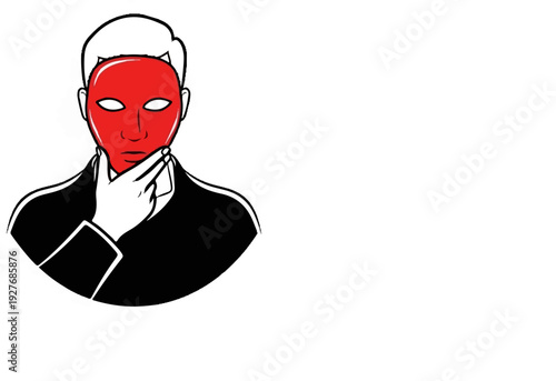 Person in suit wearing a red mask with hand on chin