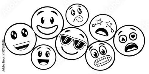 A diverse collection of expressive cartoon faces displaying various emotions Vector