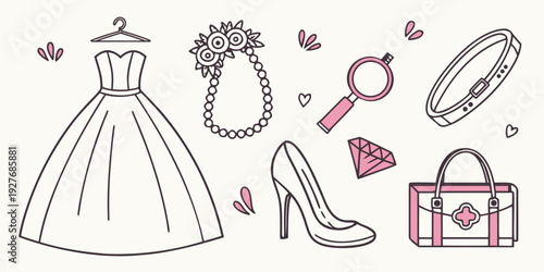 A collection of wedding dresses, accessories, and footwear Vector