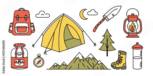 A vibrant illustration of camping essentials and activities under a starry night sky. Vector