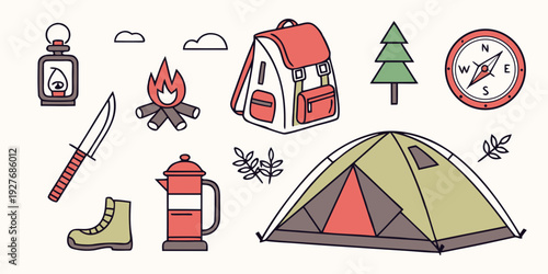 A collection of camping and outdoor activity icons including tents, trees, and prohibited signs. Vector