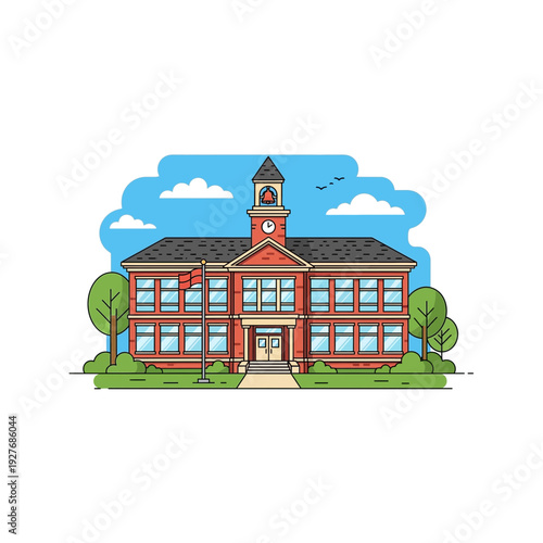 Traditional Red Brick School Building Illustration