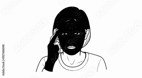 Woman with dark face, finger on temple, looks troubled