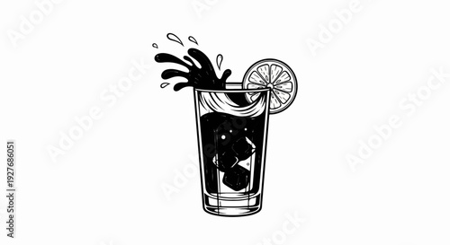 A black and white drawing of a tall glass with dark liquid, ice, and a citrus slice