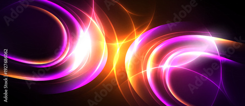 Bright abstract swirls, vibrant colors, dynamic energy. Light radiates from central point, creating visual impact.