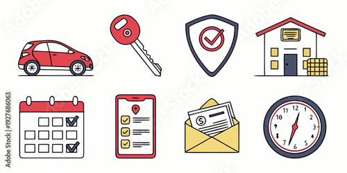 A collection of icons representing various aspects of insurance and safety. Vector