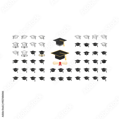 Set of Graduation Caps and Diploma Scroll Illustrations