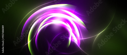 Abstract swirls, vibrant purple hues dominate. Green accents blend into dark background. Energetic, flowing lines create dynamic visual impact.