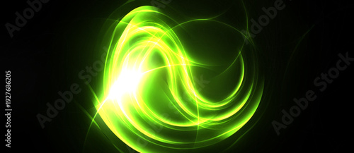 Bright green energy swirls, luminous curves against dark background. Abstract design evokes motion, light intensity.