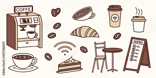 A delightful assortment of breakfast foods and beverages on a table Vector