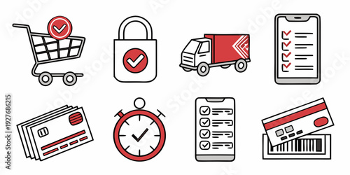 Icons representing various aspects of e-commerce and online shopping Vector