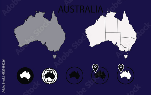 Australia map icons and outline vector graphics for