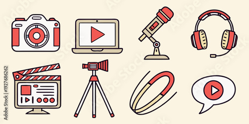 A collection of icons representing various multimedia and technology devices. Vector