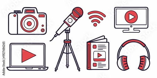 A collection of icons representing various aspects of photography and video production. Vector