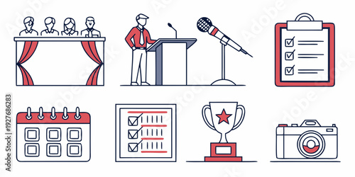 Illustrations of various tools and activities related to event planning and management. Vector