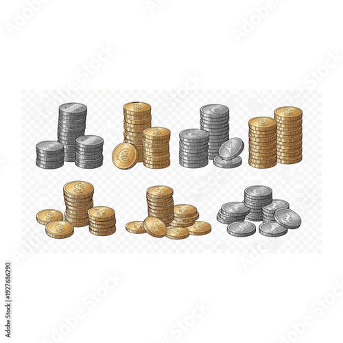 Realistic Stacks of Gold and Silver Coins for Wealth and Success
