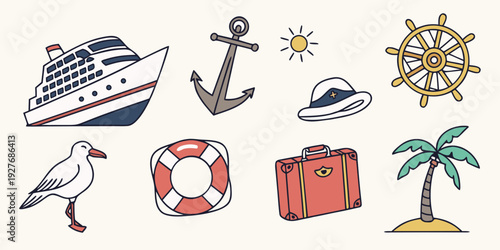 Assorted icons of travel and vacation items including a suitcase, anchor, and beach ball Vector