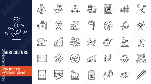Agriculture icon set. Outline icon with Editable stroke. Vector illustration