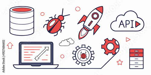 Illustration of various technology icons including a laptop, database, and rocket Vector