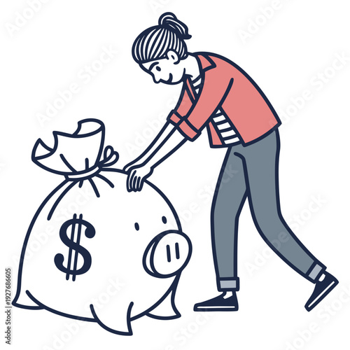A woman putting money into a piggy bank