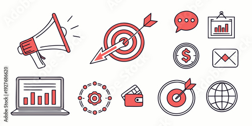 A collection of icons representing marketing, communication, and data analysis. Vector