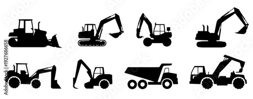Collection of black and white construction vehicles including bulldozers and excavators