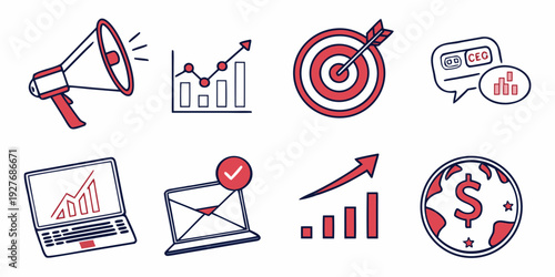 Diverse icons representing various aspects of business and marketing strategies Vector