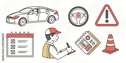 A collection of road safety symbols and icons for drivers and pedestrians. Vector