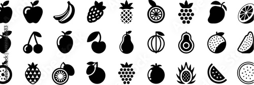 Collection of black and white fruit in various styles and patterns apple banana