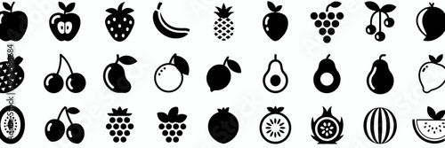 Collection of black and white fruit with distinct patterns and shapes apple pear