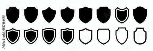 Collection of black and white shield-like shapes in various styles and outlines shields