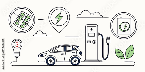 Illustration of electric vehicle charging and its environmental benefits Vector